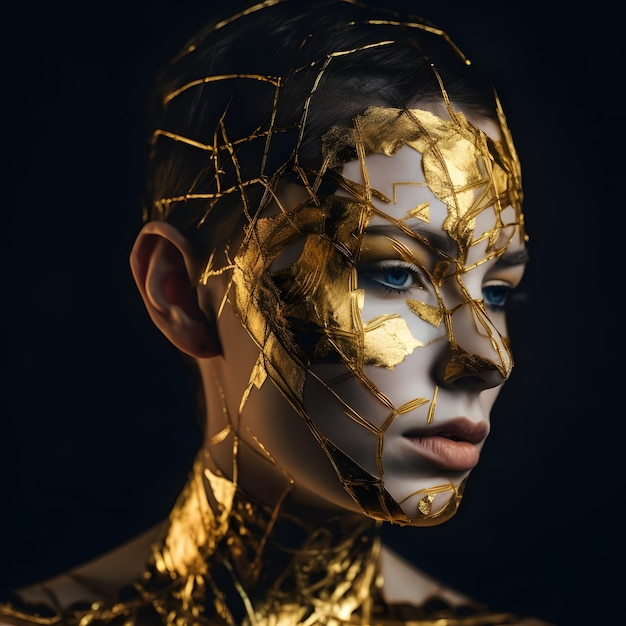 Uma mulher com tinta dourada no rosto e um fundo escuro.