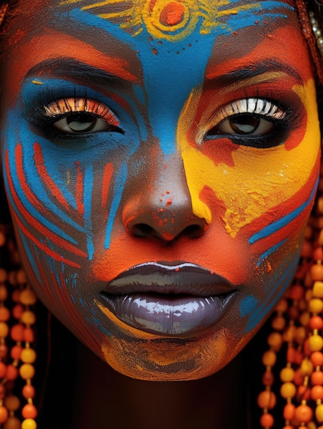 uma mulher com tinta facial laranja e azul