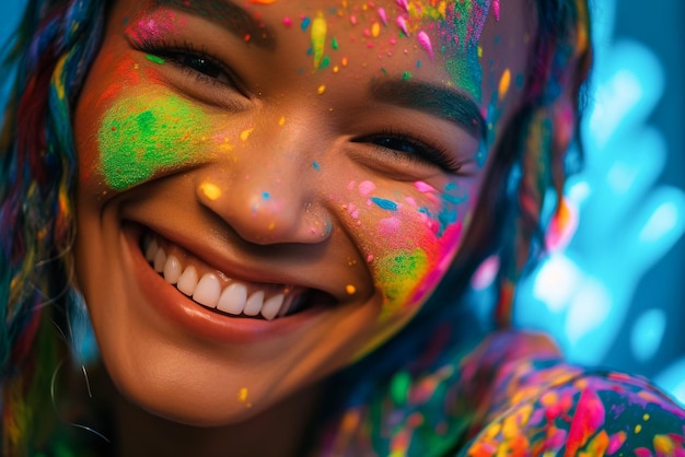 Uma mulher com tinta no rosto está sorrindo e tem um sorriso no rosto.