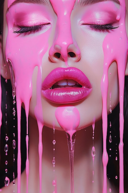 Uma mulher com tinta rosa nos lábios