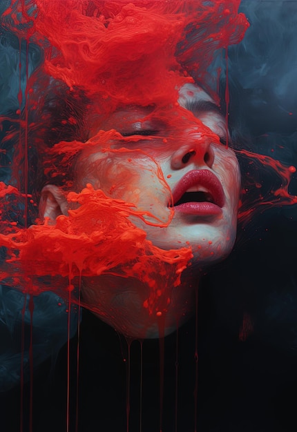 Foto uma mulher com tinta vermelha no rosto e a palavra 