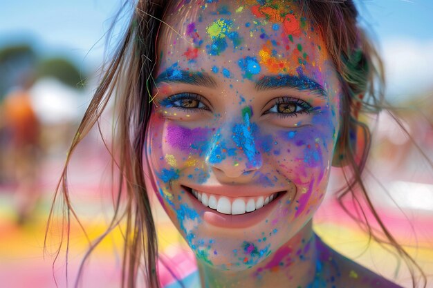 Uma mulher com tinta vibrante em todo o rosto celebrando o Festival Holi das Cores