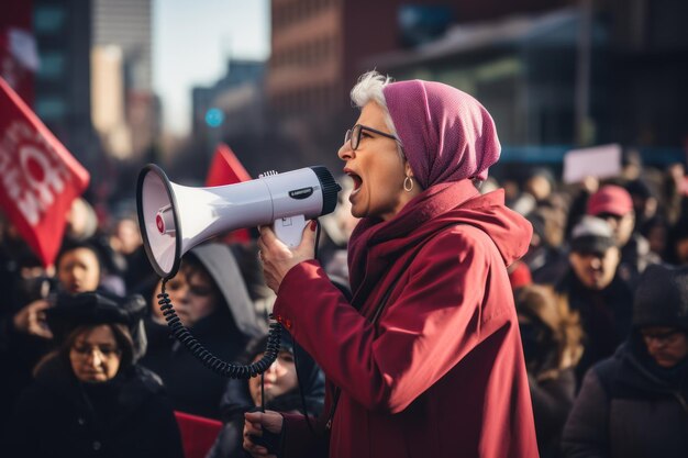 Foto uma mulher com um alto-falante fala à multidão