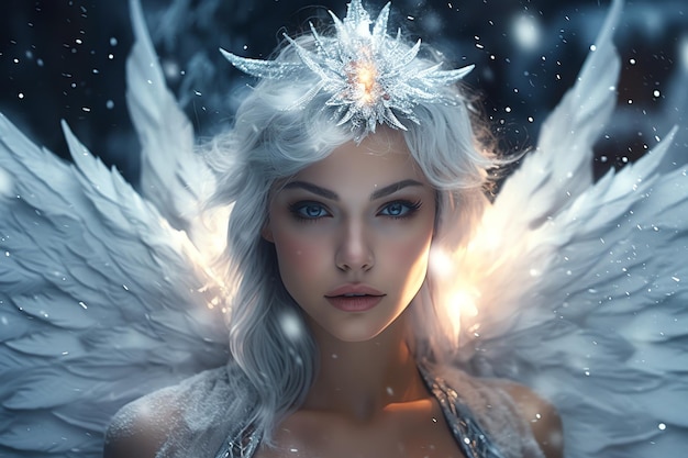 Uma mulher com um anjo de neve na cabeça