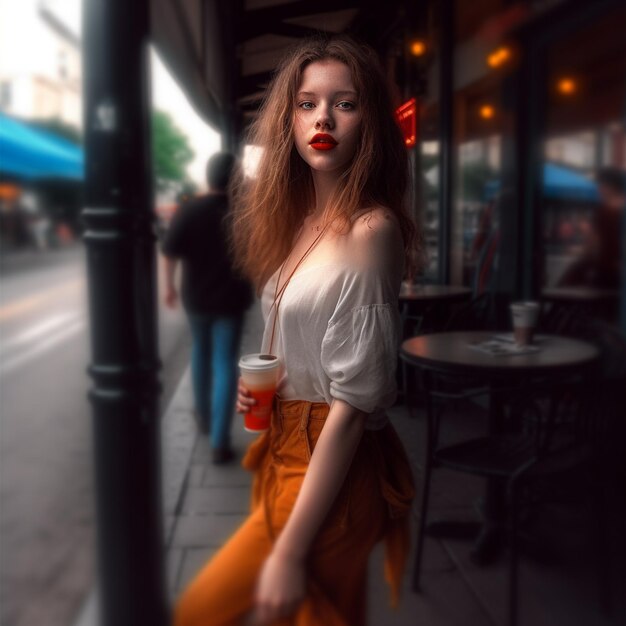 Uma mulher com um batom vermelho está de pé do lado de fora de um restaurante.