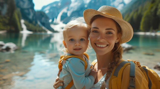 Foto uma mulher com um bebê no topo de uma montanha mãe e seu filho fazem selfie