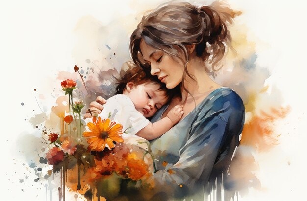 Uma mulher com um bebê nos braços Pinta aquarelas em papel aquarela Dia das Mães