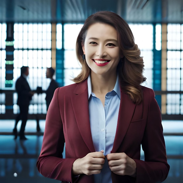 Uma mulher com um blazer vermelho está em frente a uma janela com dois homens ao fundo.