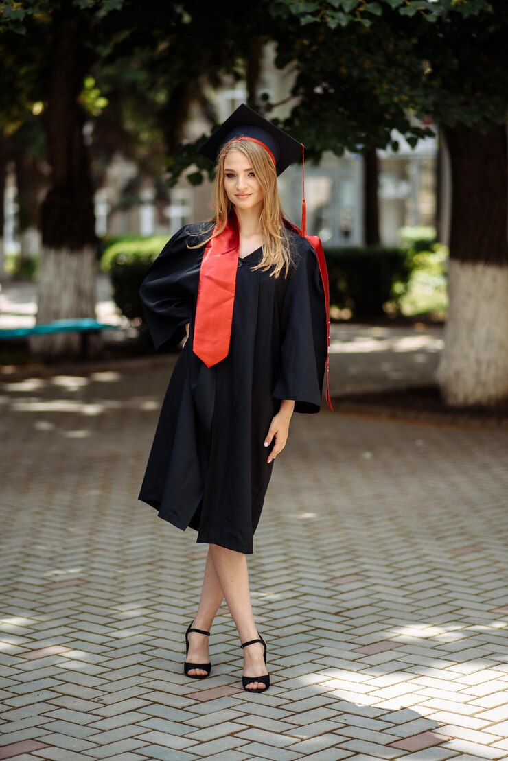 Foto uma mulher com um boné de formatura em frente a uma árvore