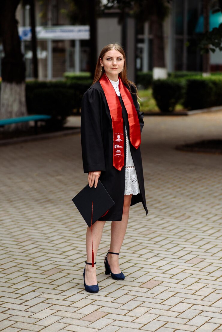 Foto uma mulher com um boné de graduação vermelho está em uma passarela de tijolos