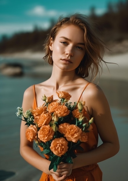 Uma mulher com um buquê de flores