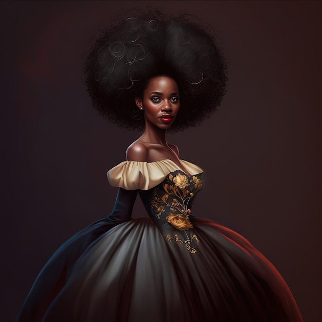 Uma mulher com um cabelo afro preto em um vestido