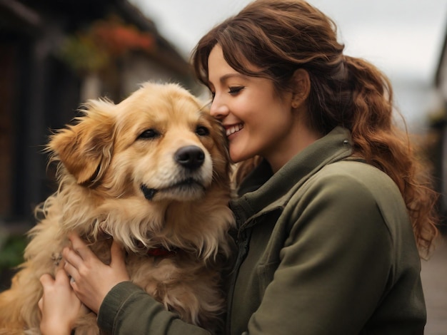 uma mulher com um cão nos braços