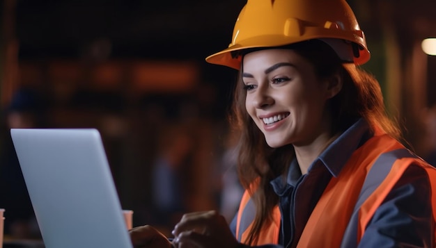 Uma mulher com um capacete laranja está trabalhando em um laptop.