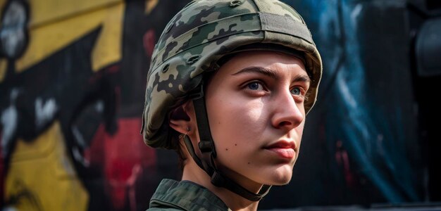 Uma mulher com um capacete militar está em frente a uma parede coberta de graffiti.