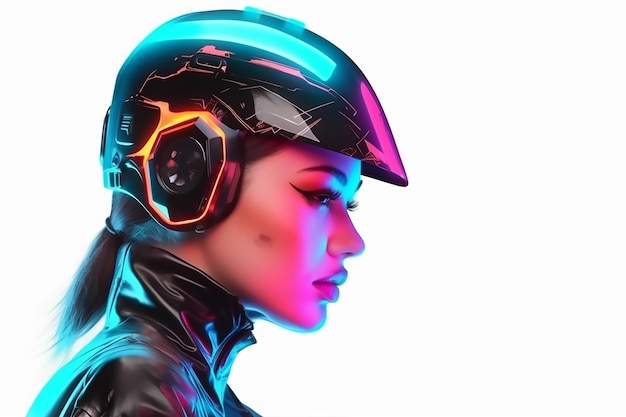 Uma mulher com um capacete neon e uma luz neon atrás dela no fundo branco