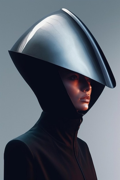 Uma mulher com um capacete preto e um grande chapéu preto