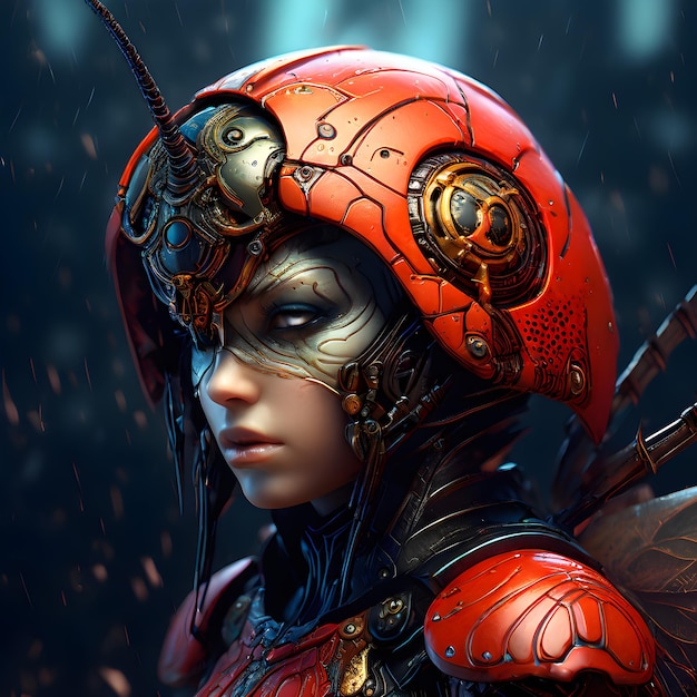uma mulher com um capacete vermelho e um capacete vermello com a palavra "cosplay" citado nele