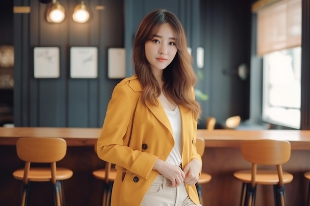 Uma mulher com um casaco amarelo está em um café e olha para a câmera.