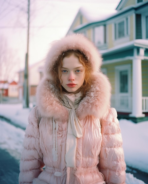 Uma mulher com um casaco de pele rosa está na neve.