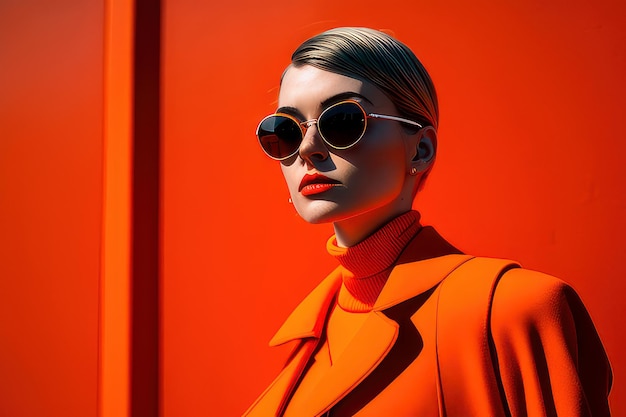 Uma mulher com um casaco laranja brilhante e óculos de sol está em frente a uma parede vermelha.