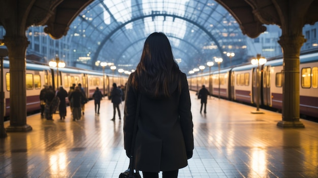 uma mulher com um casaco preto em frente a uma estação de trem