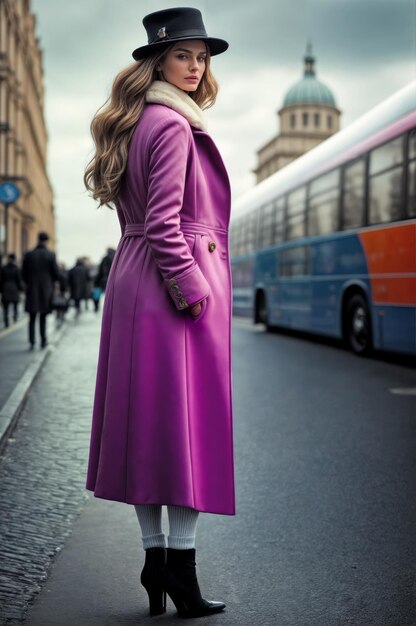 Uma mulher com um casaco roxo na rua