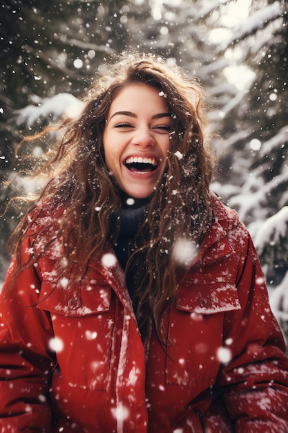 Foto uma mulher com um casaco vermelho a rir-se na neve.