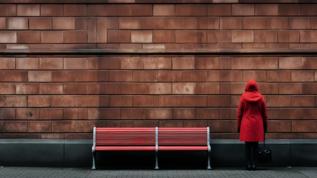 uma mulher com um casaco vermelho parada ao lado de um banco