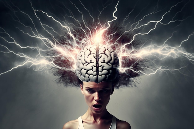 Foto uma mulher com um cérebro que tem um relâmpago na cabeça.