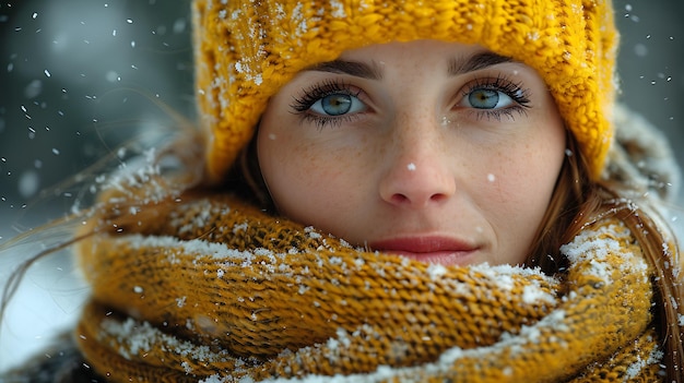 uma mulher com um chapéu amarelo com neve nos olhos