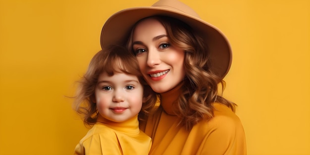 Uma mulher com um chapéu amarelo e um chapéu amarelo segura uma criança com um vestido amarelo.