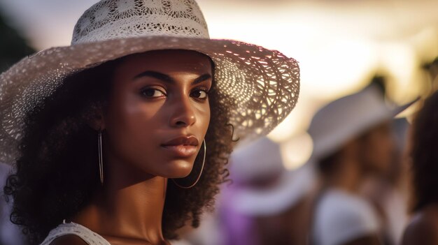 Uma mulher com um chapéu branco está na frente de uma multidão.