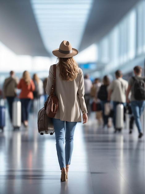 Uma mulher com um chapéu caminha por um aeroporto com sua bagagem.