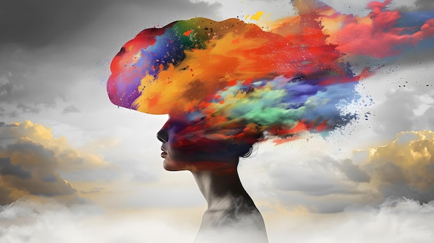 uma mulher com um chapéu colorido na cabeça é coberta de tinta colorida