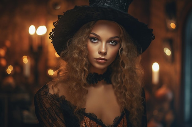 Uma mulher com um chapéu de bruxa com uma vela ao fundo