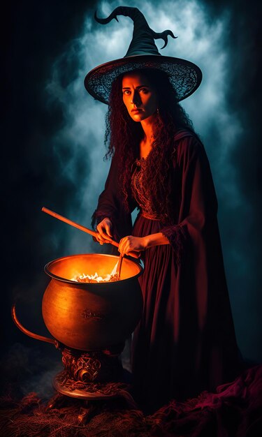 Uma mulher com um chapéu de bruxa cozinha em um caldeirão.