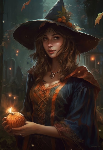 Uma mulher com um chapéu de bruxa segurando uma abóbora