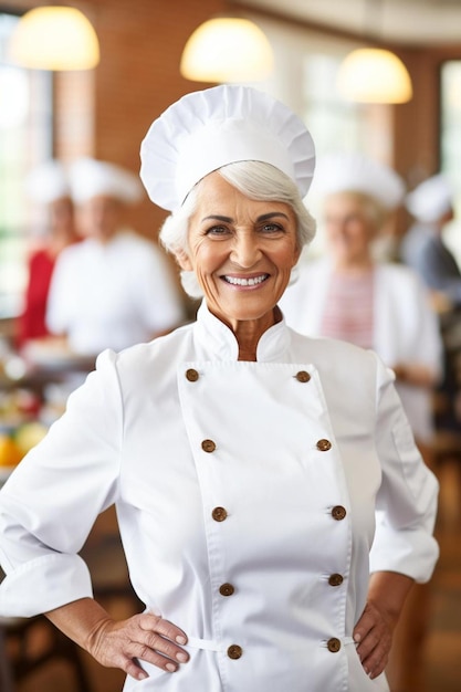 uma mulher com um chapéu de chef está em frente a um grupo de pessoas
