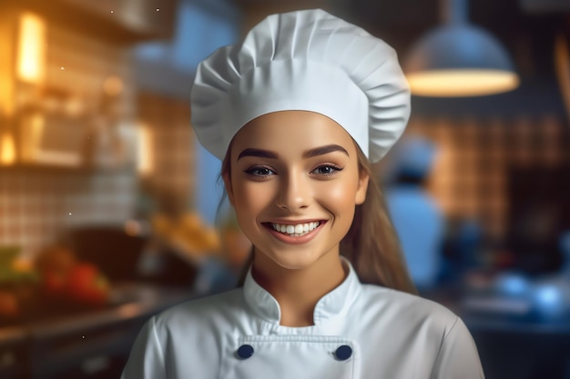 Uma mulher com um chapéu de chef está em uma cozinha.