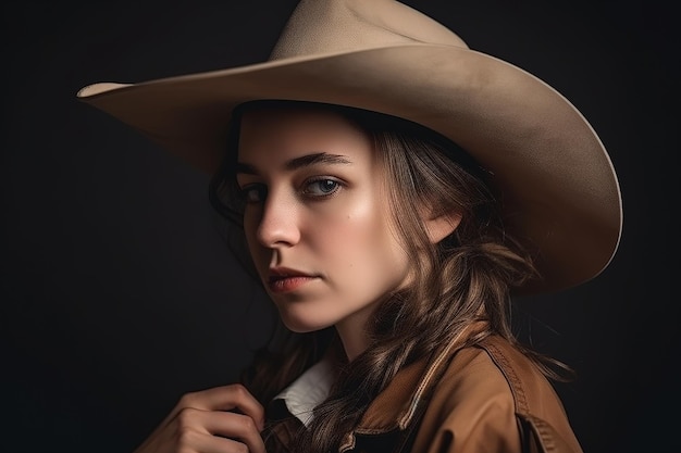 Uma mulher com um chapéu de cowboy e um fundo preto