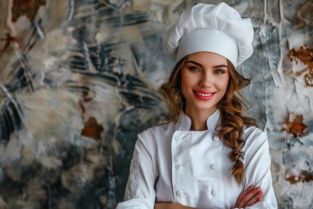 uma mulher com um chapéu de cozinheiro branco está em frente a uma parede com os braços cruzados