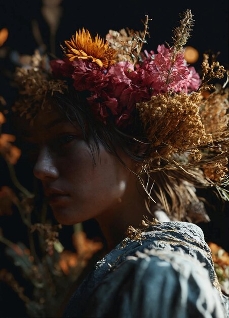 Uma mulher com um chapéu de flor e uma flor no cabelo