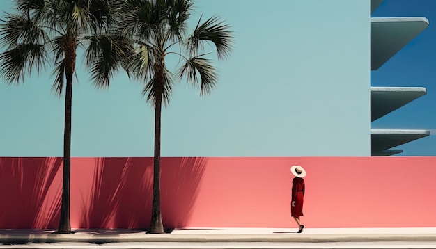 uma mulher com um chapéu de palha está em frente a uma parede rosa