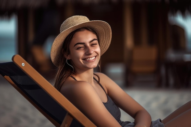 Uma mulher com um chapéu de palha senta-se em uma cadeira de praia e sorri.