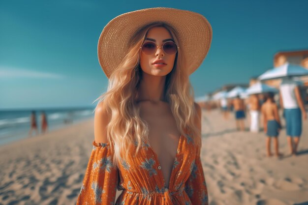 Uma mulher com um chapéu de sol está em uma praia vestindo um chapéu.