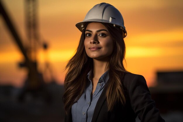 Uma mulher com um chapéu duro está de pé na frente de um local de construção