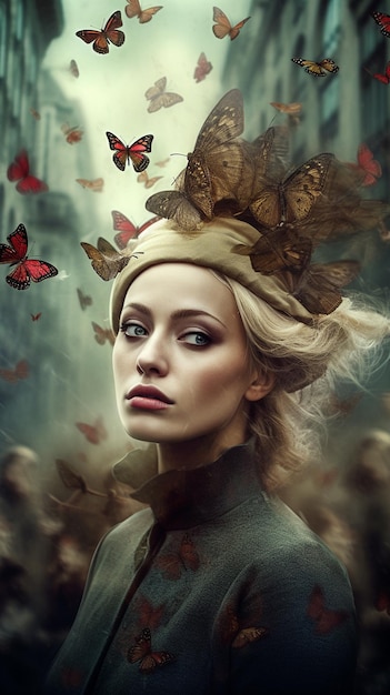 Uma mulher com um chapéu e borboletas na cabeça