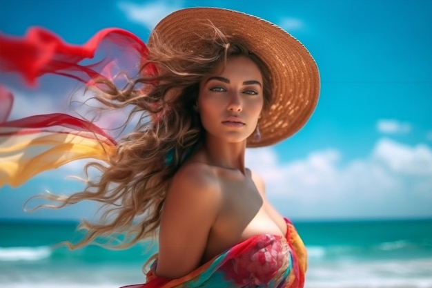 Uma mulher com um chapéu e um cachecol na praia