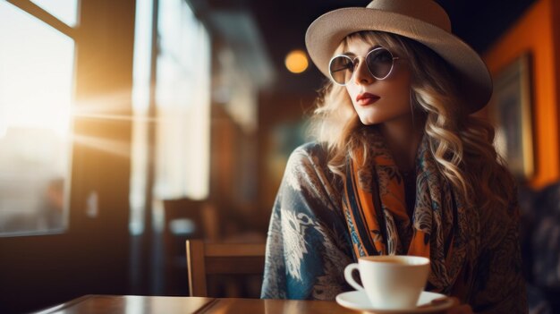 Foto uma mulher com um chapéu e um lenço sentada à mesa com café ai